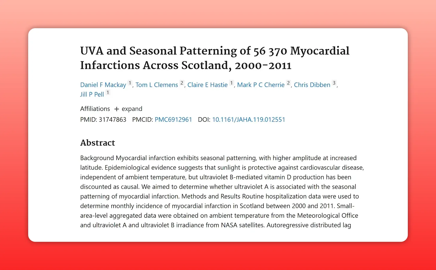 clear screenshot of the research article 'UVA and Seasonal Patterning of 56 370 Myocardial Infarctions Across Scotland, 2000–2011' showing title, authors, and abstract