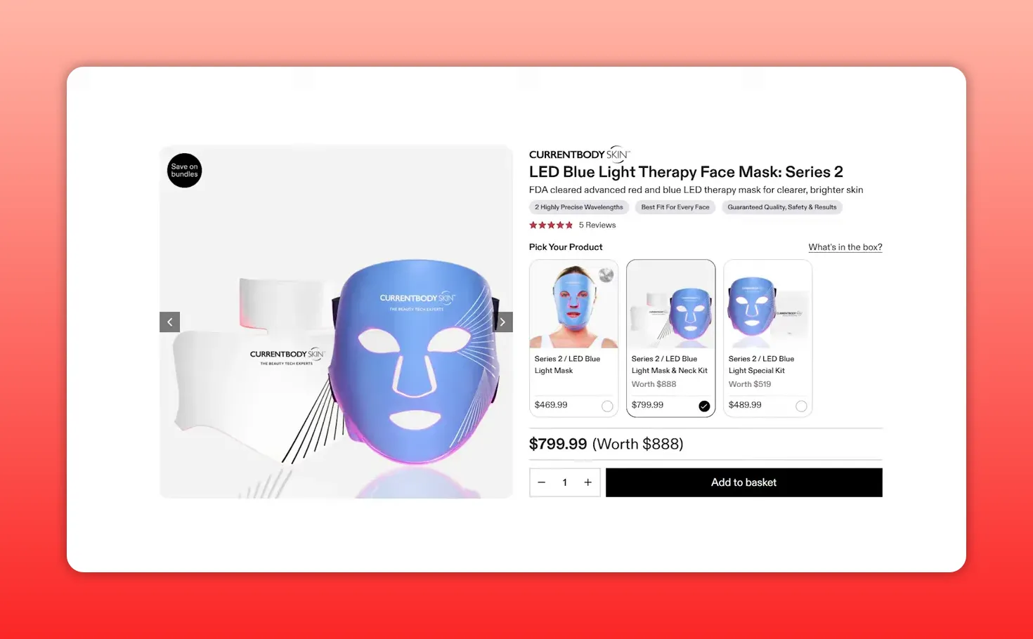 CurrentBody Series 2 LED face mask displayed with neck kit on product page