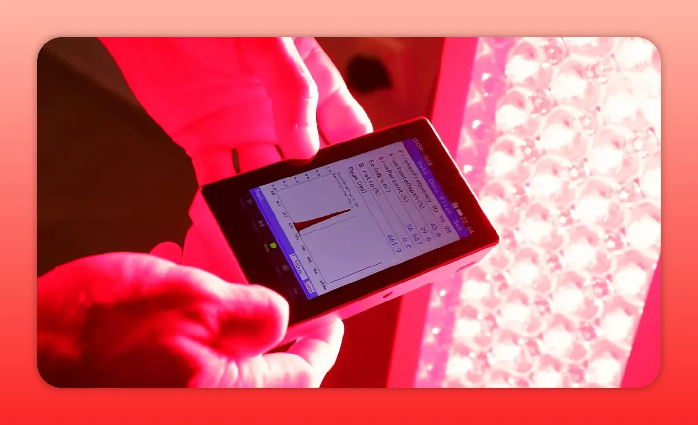clear view of a spectral/irradiance meter reading held next to a lit red LED therapy panel