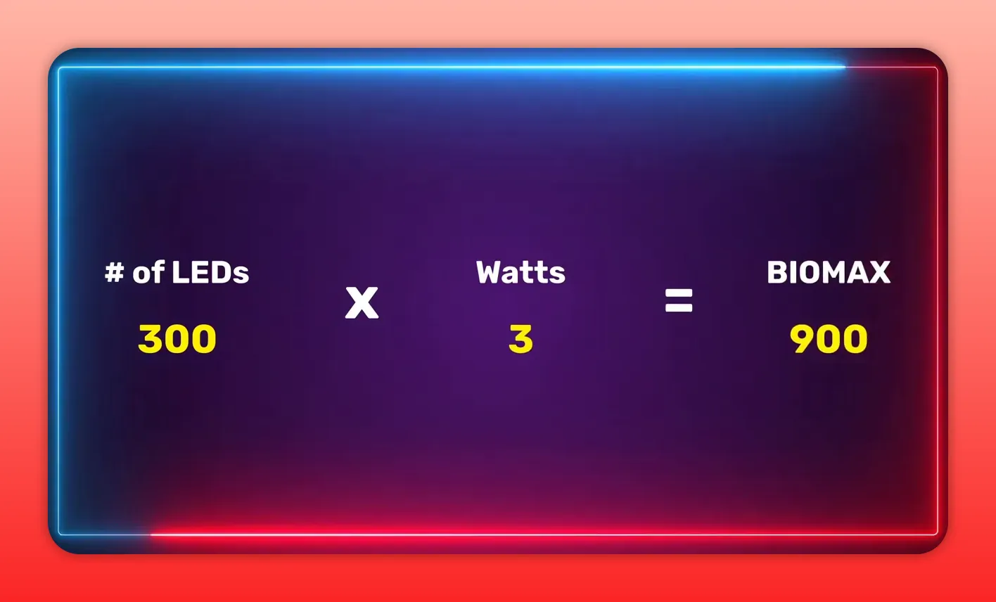 Explanation slide reading '# of LEDs 300 x Watts 3 = BIOMAX 900' showing how model numbers are calculated.