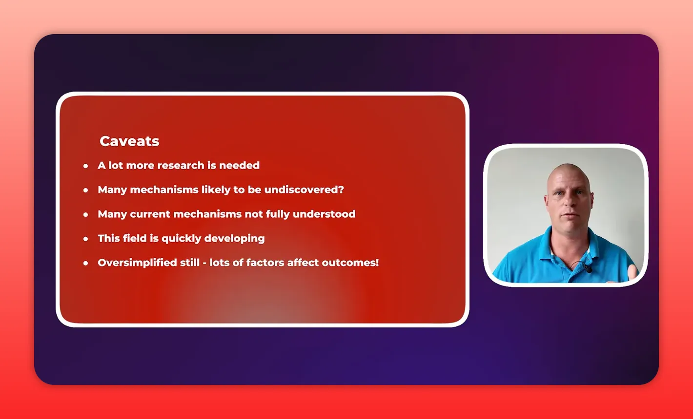 Clear 'Caveats' slide listing research uncertainties and a well-lit presenter inset to the right.