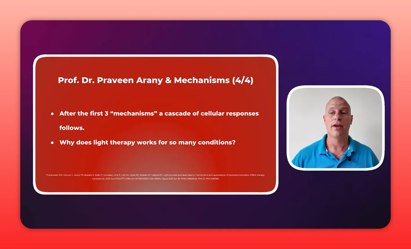 Clear presentation slide titled 'Prof. Dr. Praveen Arany & Mechanisms (4/4)' showing bullet points about cellular response cascades with presenter inset.