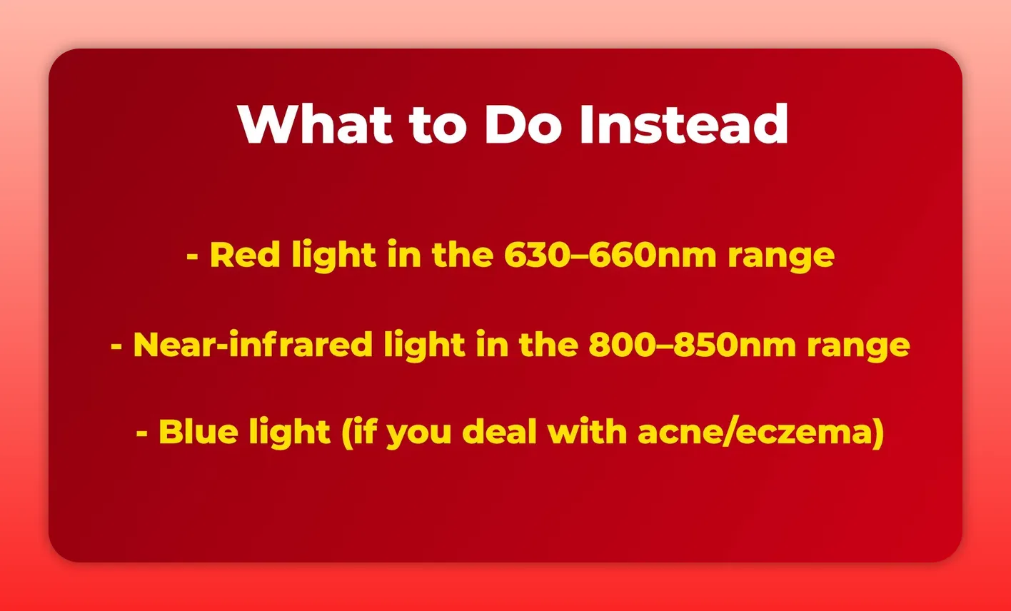 Slide 'What to Do Instead' listing: 'Red light in the 630–660nm range', 'Near-infrared light in the 800–850nm range', and 'Blue light (if you deal with acne/eczema)' in yellow text on a red background