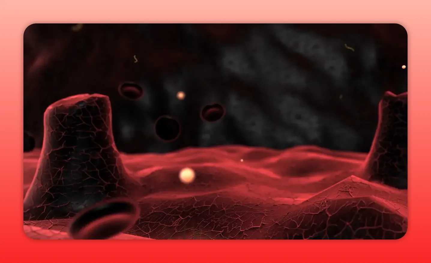 Microscopic illustration of red tissue surface with blood cells and glowing particles representing cellular activity