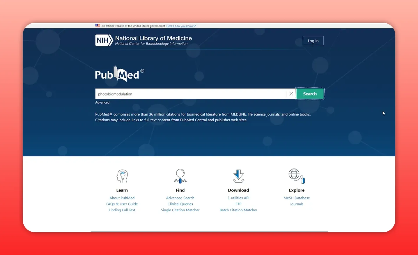 PubMed search page with the term 'photobiomodulation' entered in the search box