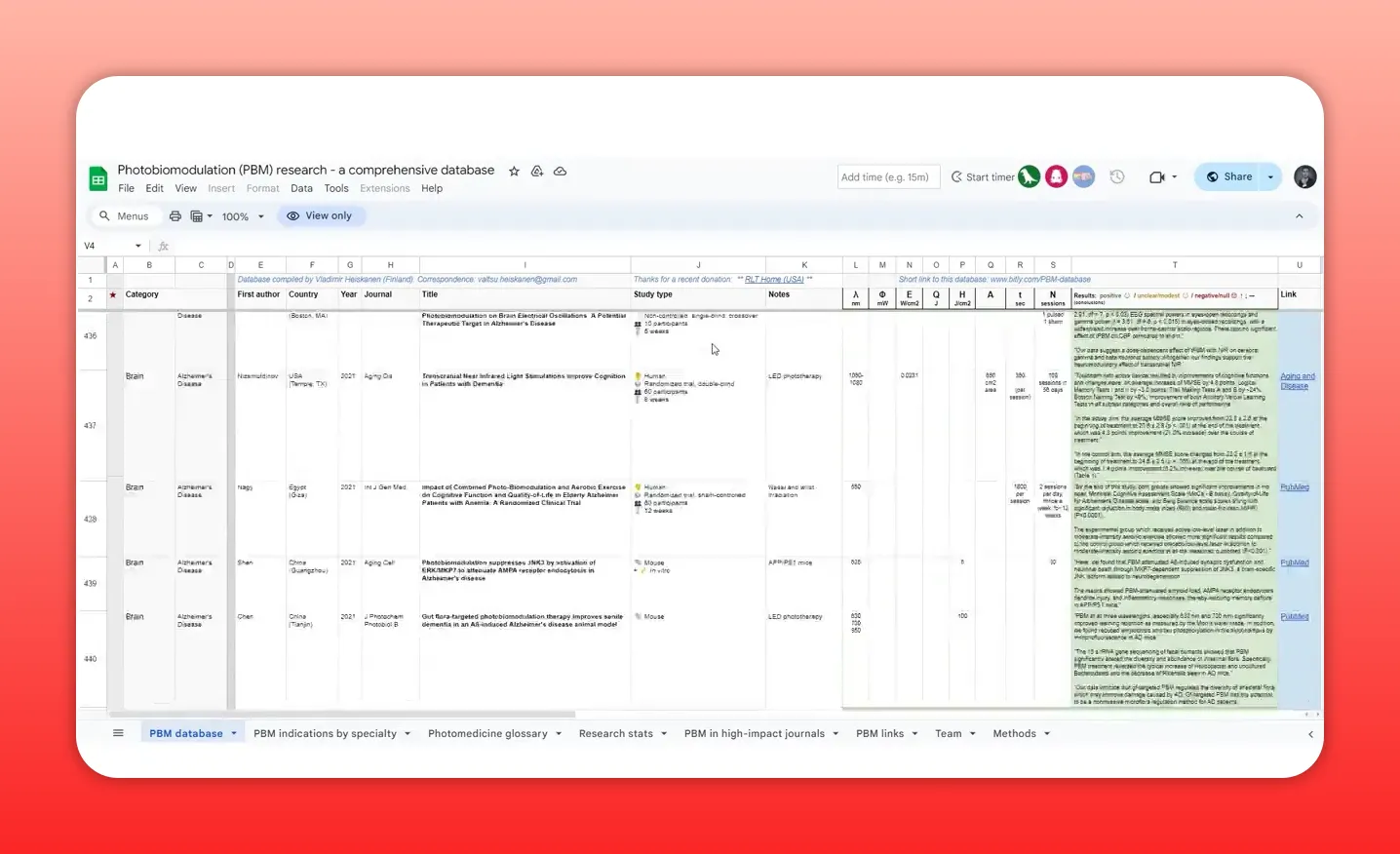Photobiomodulation research spreadsheet showing Alzheimer and brain study entries