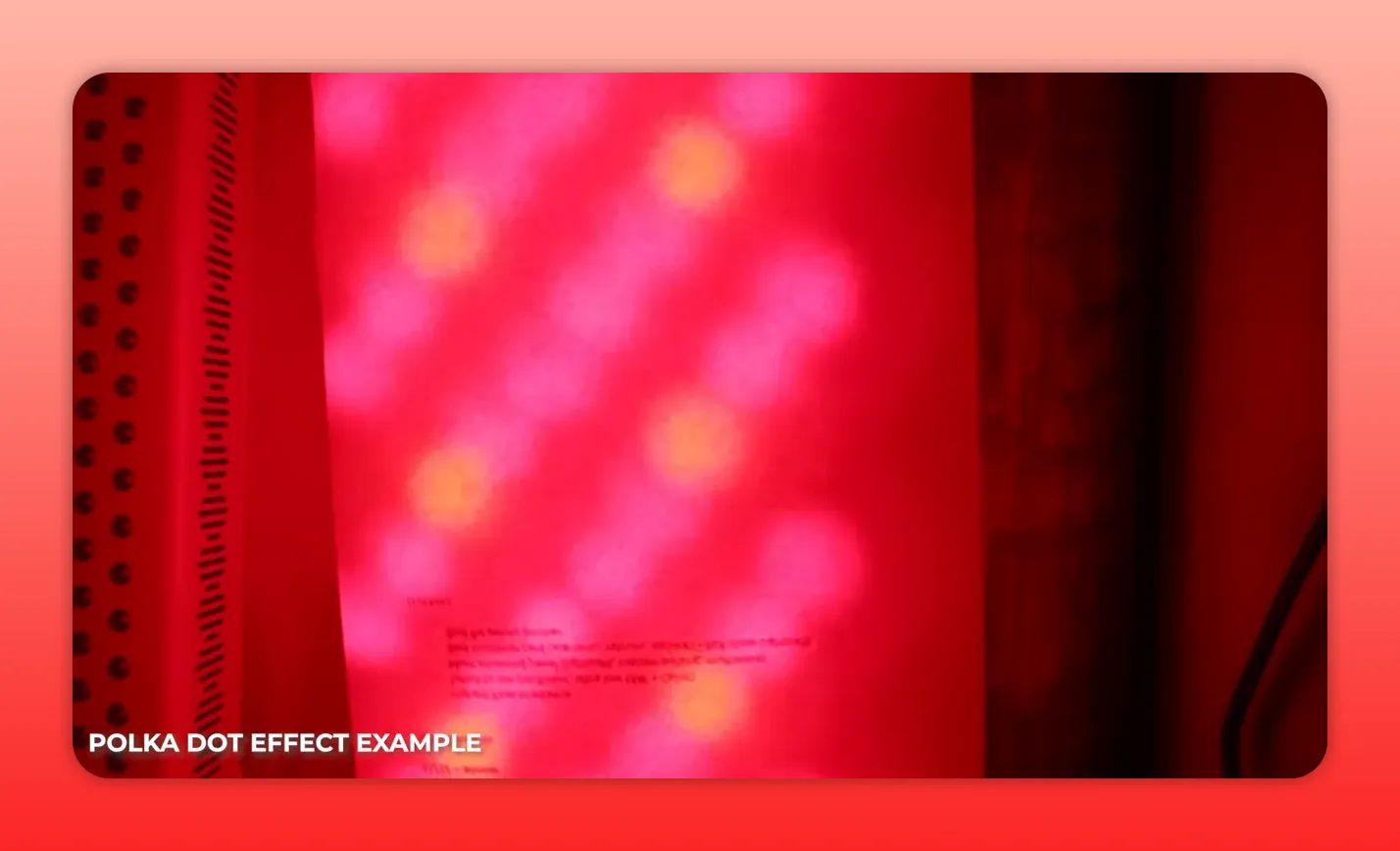 Close-up of red and yellow LED dots showing the polka-dot effect and uneven light spots