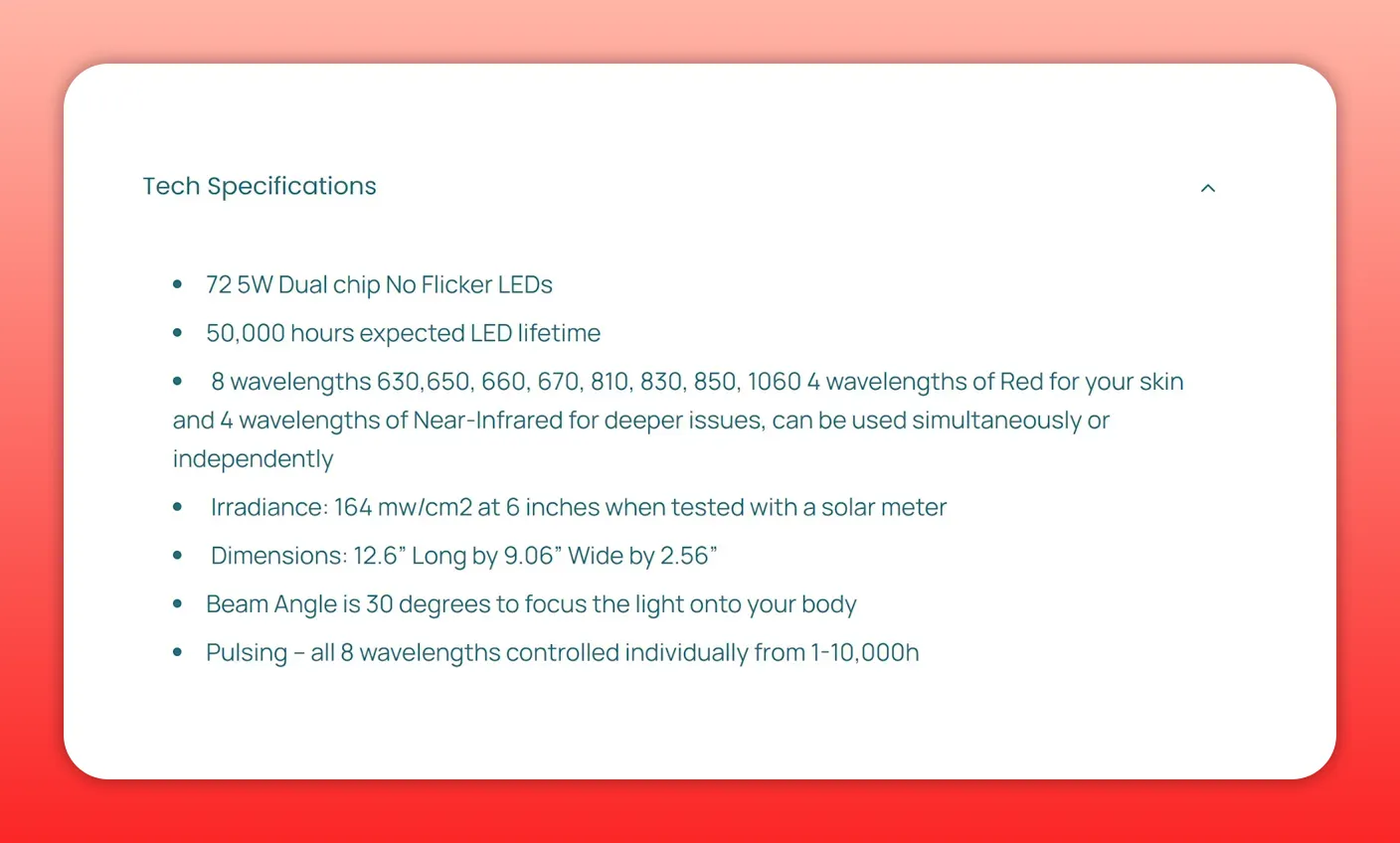 Rouge G4 tabletop panel technical specifications showing 72 dual‑chip LEDs, listed wavelengths and irradiance at 6 inches.