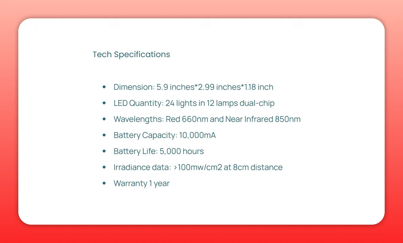 Tech specifications slide listing dimensions, LED quantity, wavelengths 660nm and 850nm, battery capacity and irradiance
