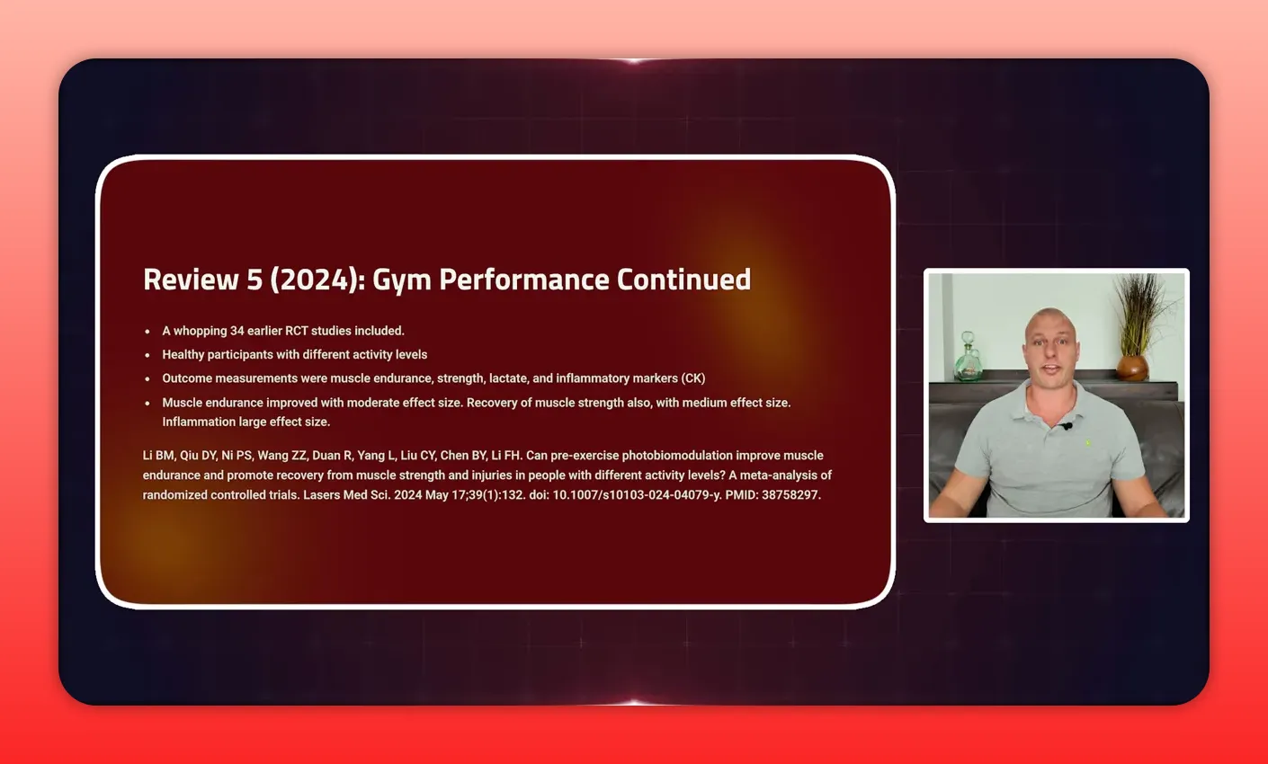 Clear slide titled 'Review 5 (2024): Gym Performance Continued' showing bullet points about improved muscle endurance and moderate strength effects