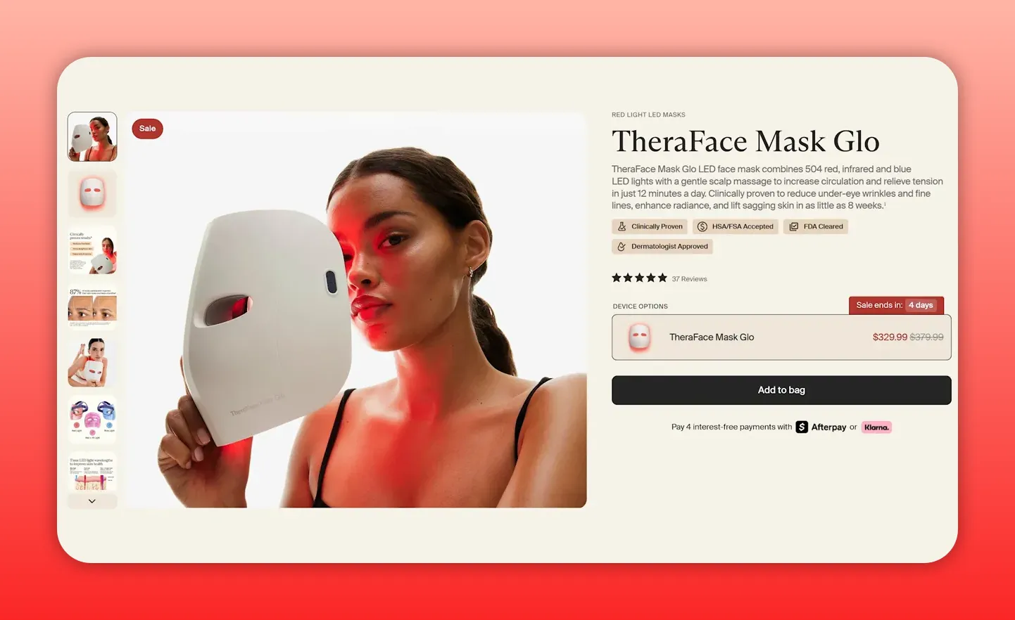 TheraFace Mask Glo product page screenshot showing the mask held by a model and pricing
