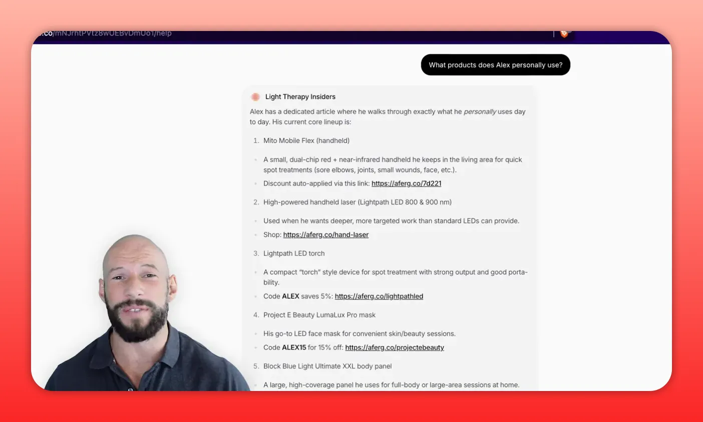 Clear screenshot of a webpage showing a detailed product recommendation list with a small presenter inset at the lower-left.