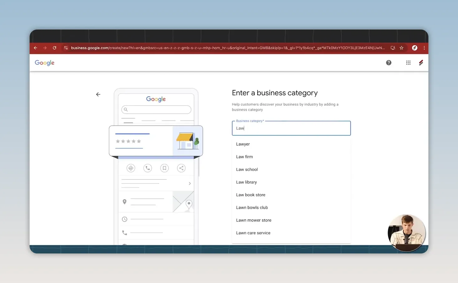 Giao diện Google Business Profile hiển thị danh sách gợi ý danh mục doanh nghiệp