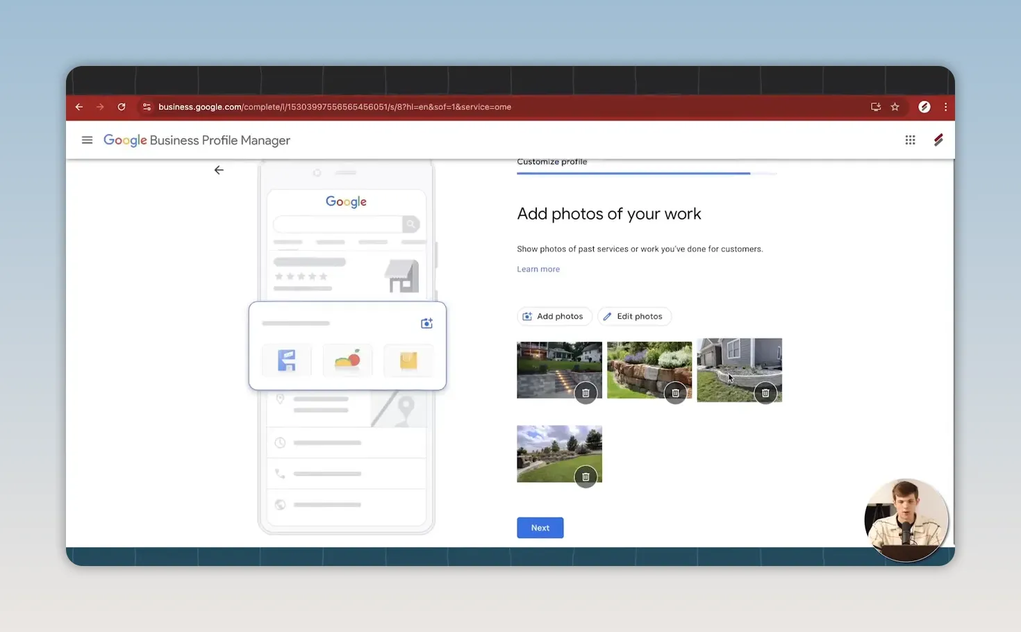 Giao diện Google Business Profile hiển thị nhiều ảnh công việc đã tải lên