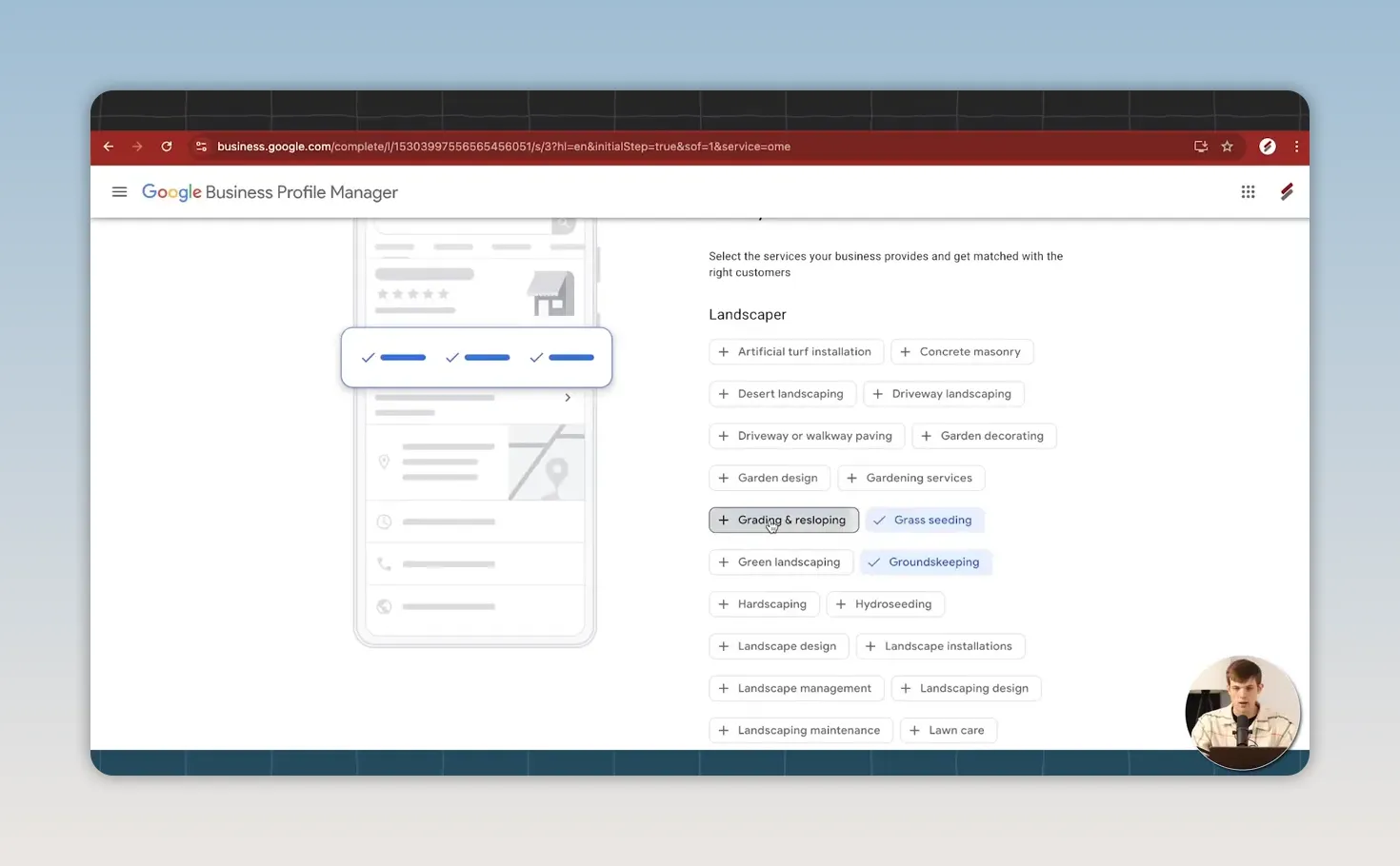 Danh sách các dịch vụ cảnh quan được chọn trong Google Business Profile