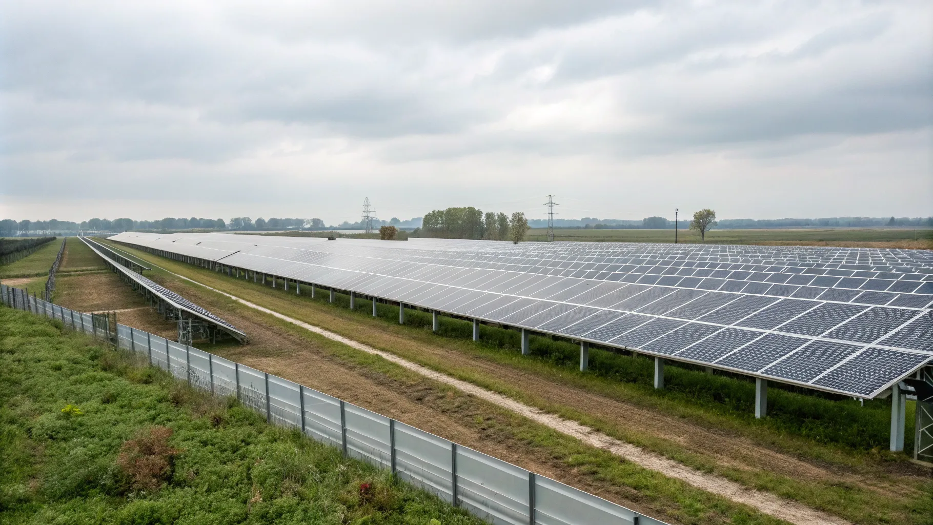 Large-scale installation of commercial solar panels in a field, generating clean energy.