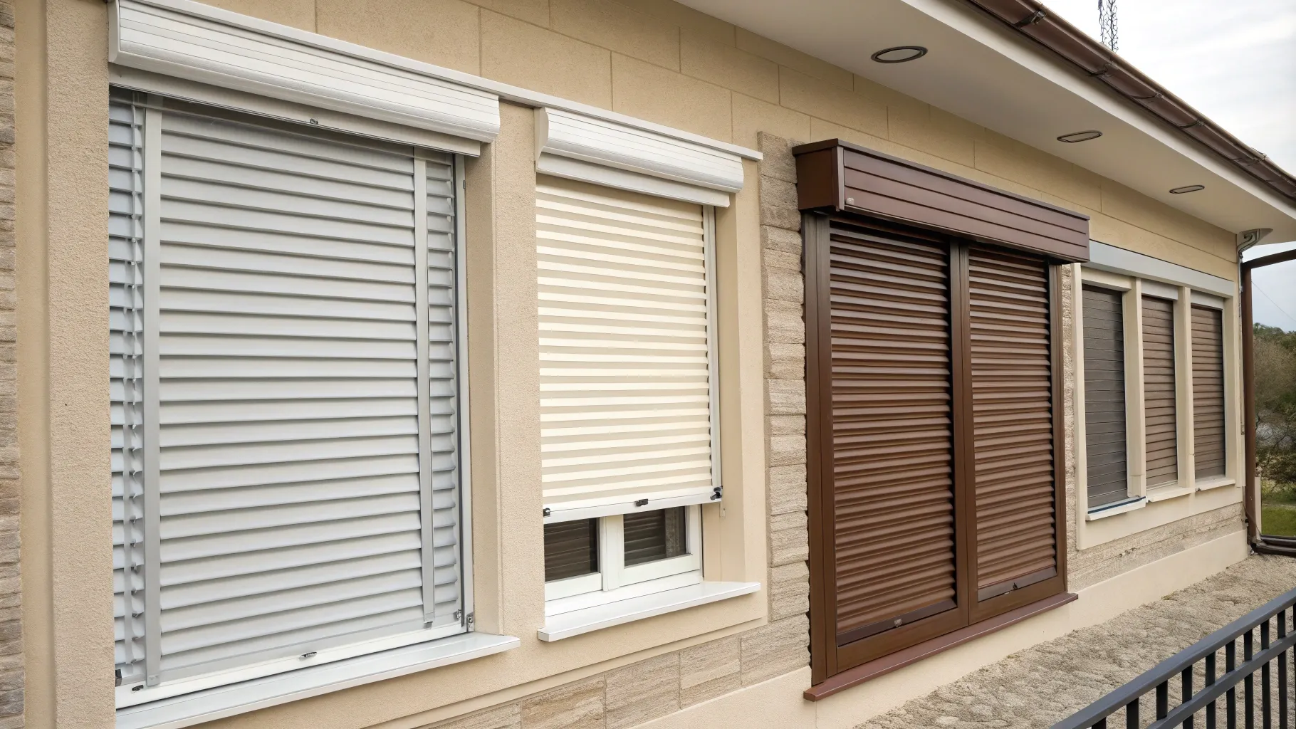 Types of security shutters with different colors and features.
