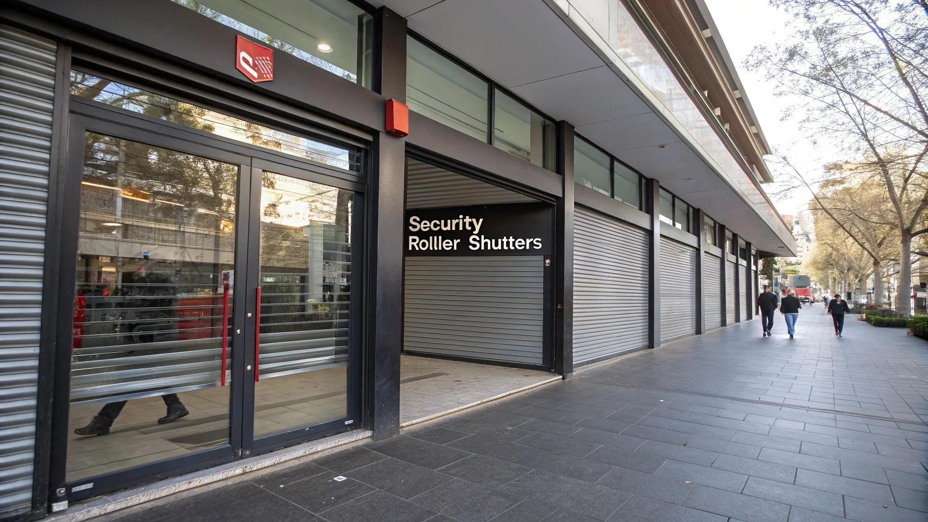 Security shutters closed on a shopfront in Adelaide, providing after-hours protection.