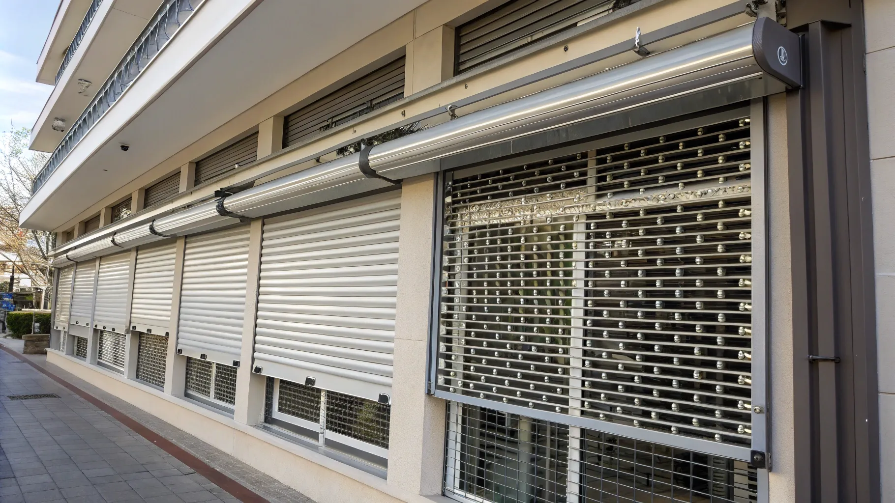 Close-up of security shutters with interlocking slats, heavy-duty construction on a business in Adelaide.