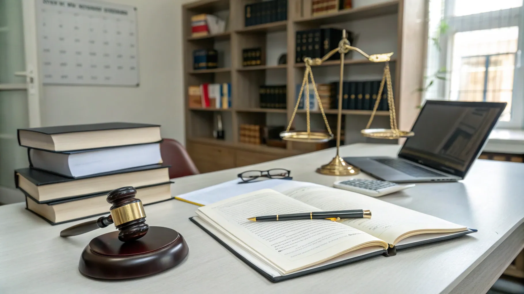 Law books, documents, and a gavel on a desk in a family lawyer's Adelaide office, symbolizing preparation and resources.