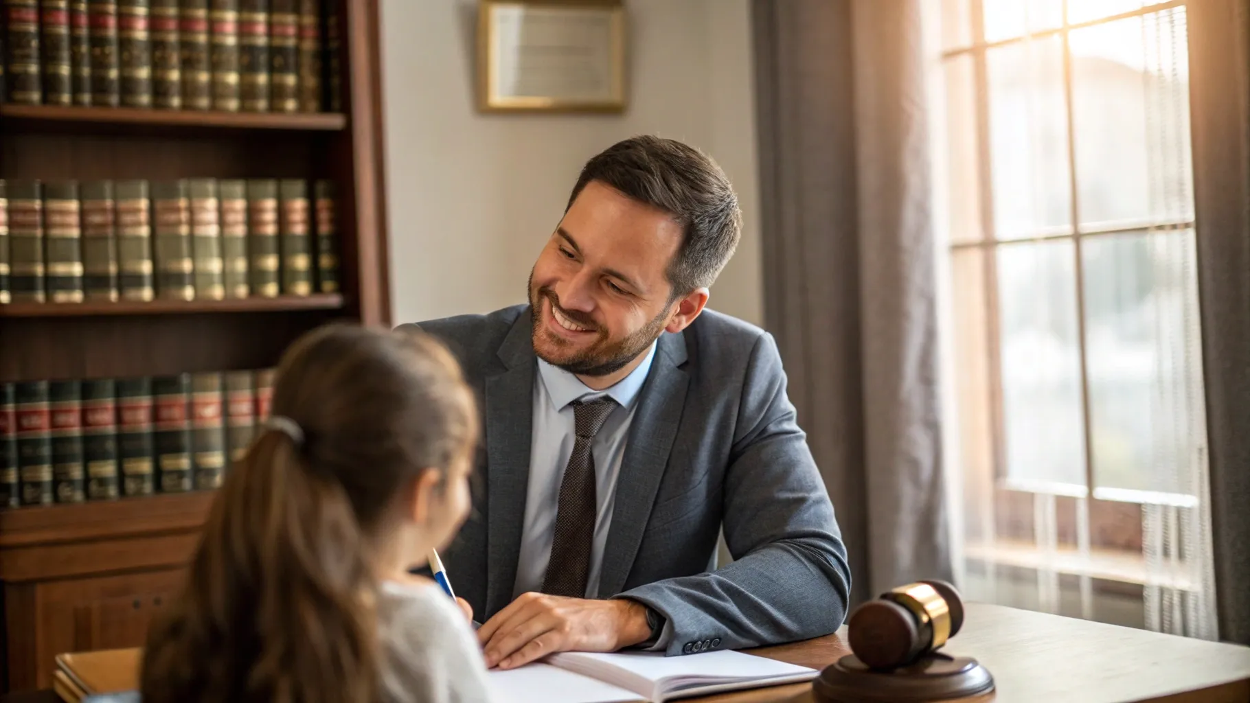 Family lawyer in Adelaide speaking gently with a child in a comfortable office setting.