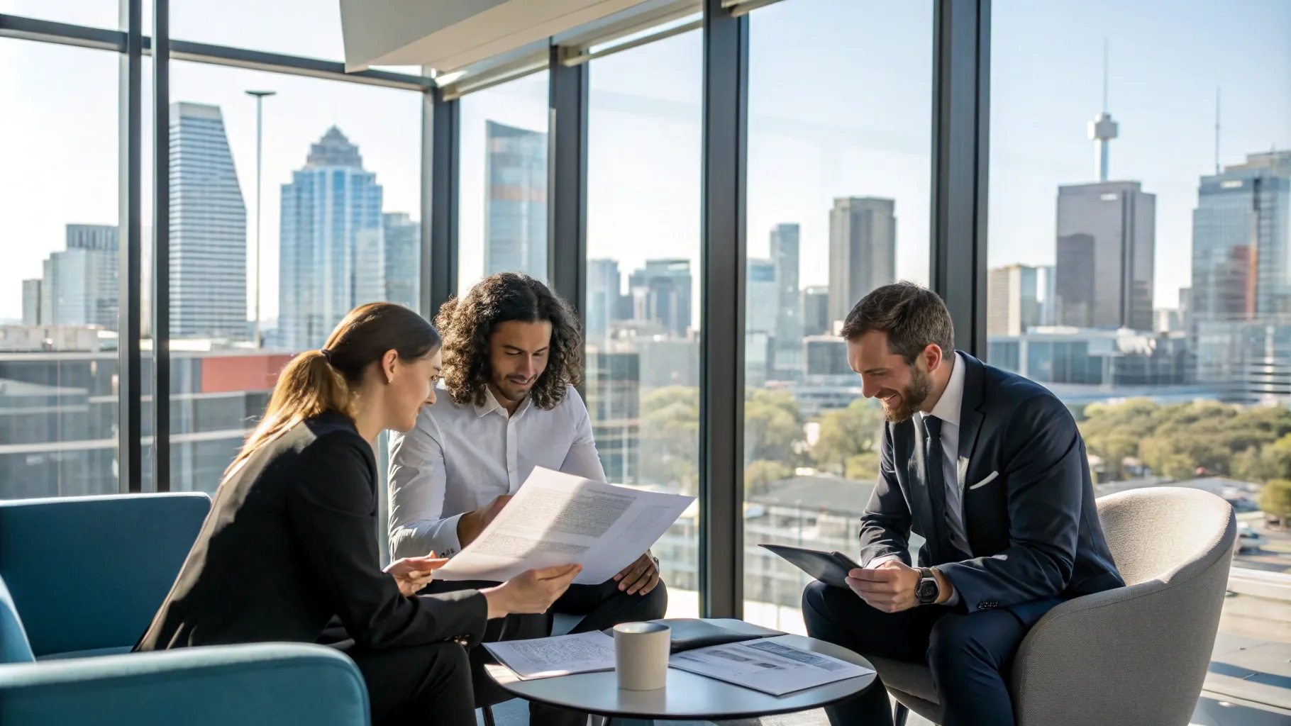 A team of commercial lawyers Adelaide collaborating on a legal strategy, reviewing documents in a modern office setting.