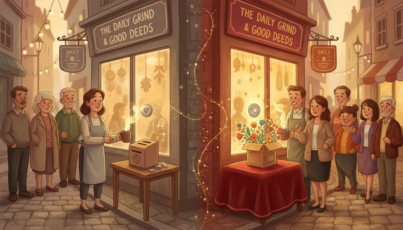 Whimsical illustration of a small storefront and nonprofit donation table transformed by golden sparks of creative alchemy, with smiling customers and volunteers.