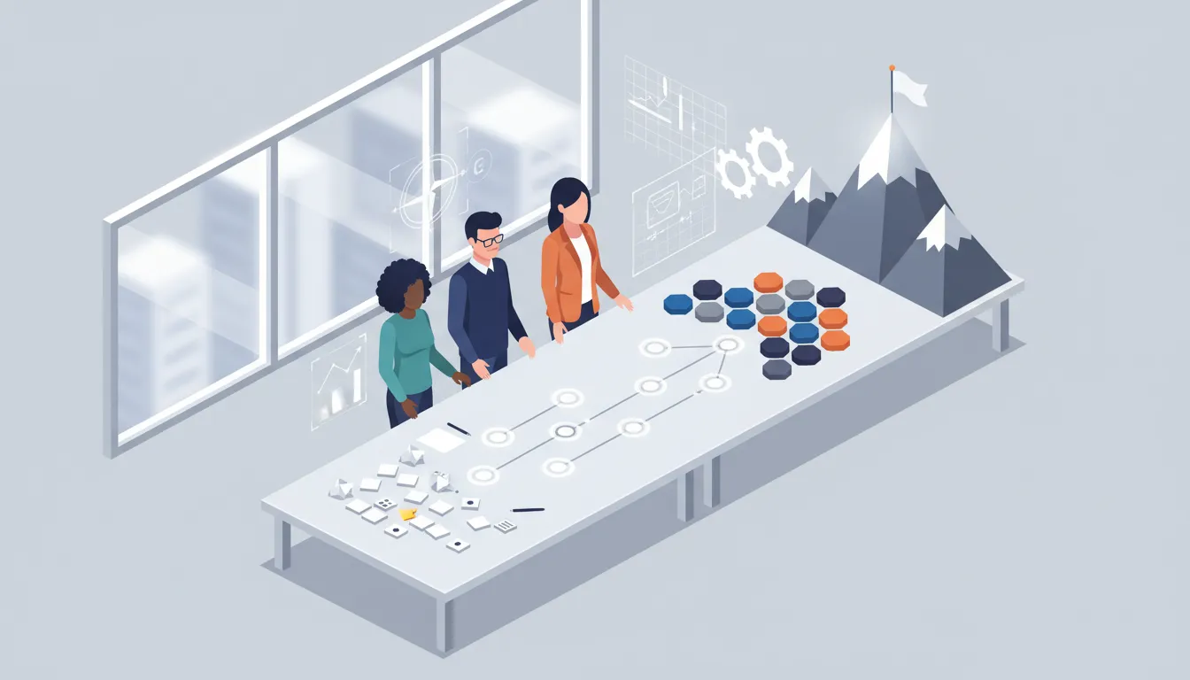 Isometric illustration of a team arranging project tokens on a roadmap toward a mountain peak, symbolizing strategy aligned with project management