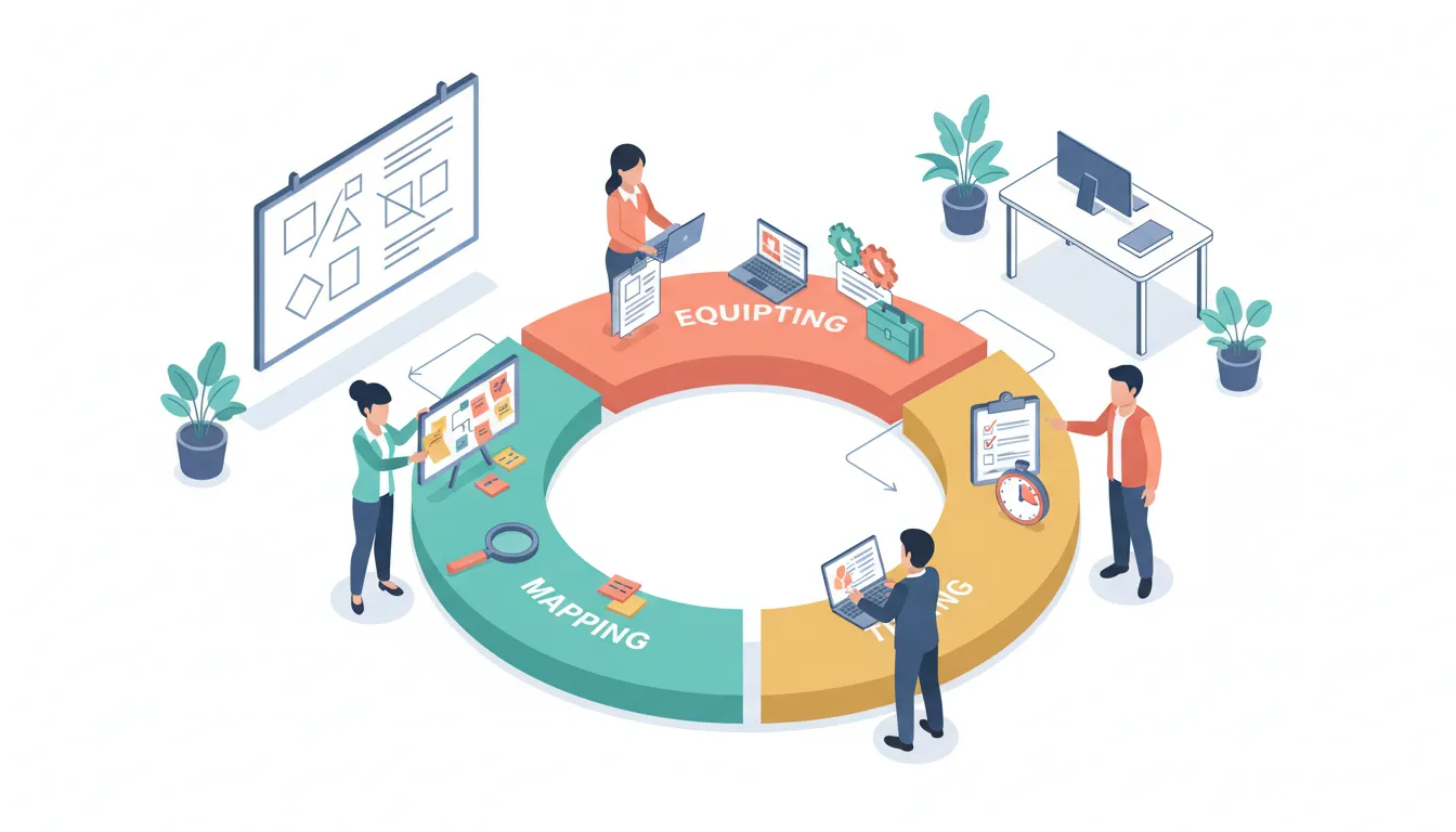 Isometric illustration of a small business team creating a three-step workflow loop—mapping with a flowchart, equipping with tools and templates, and testing iterations; no text.