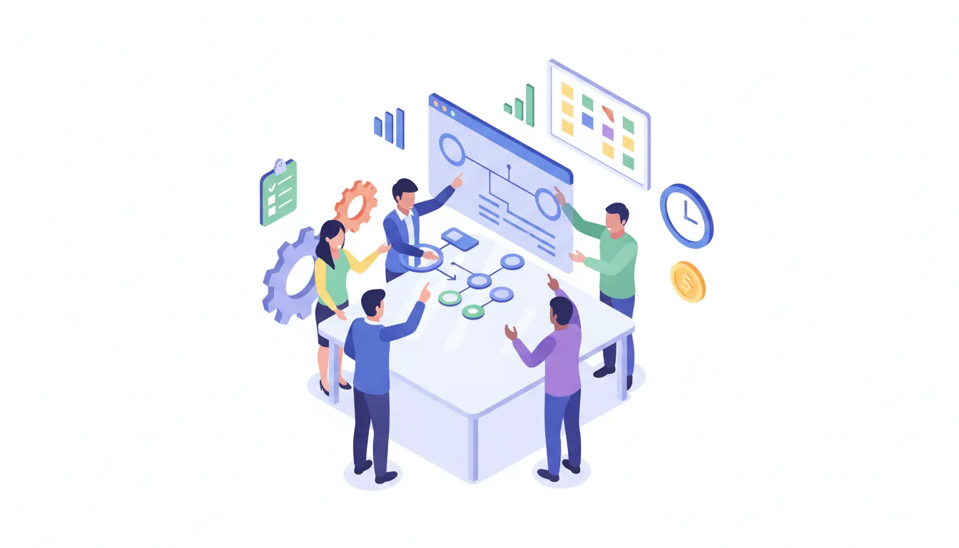 Isometric illustration of a small diverse team collaborating around a table with a floating workflow diagram, gears, checklist, clock and charts representing business process management for small businesses and nonprofits
