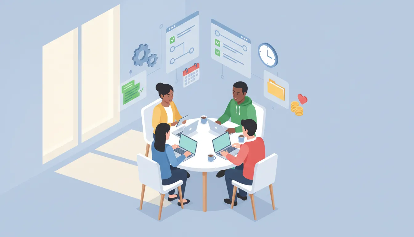 Illustration of a small diverse team collaborating around a table with translucent flowchart panels, gears, clock, checklist, calendar, and donation icons symbolizing business process management for small businesses and nonprofits