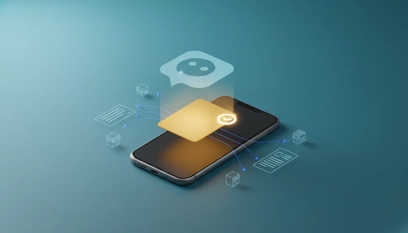 Abstract illustration of ChatGPT recommending a highlighted product tile above a smartphone, connected by glowing lines to floating storefront icons and citation cards — visual metaphor for answer engine optimization (AEO).