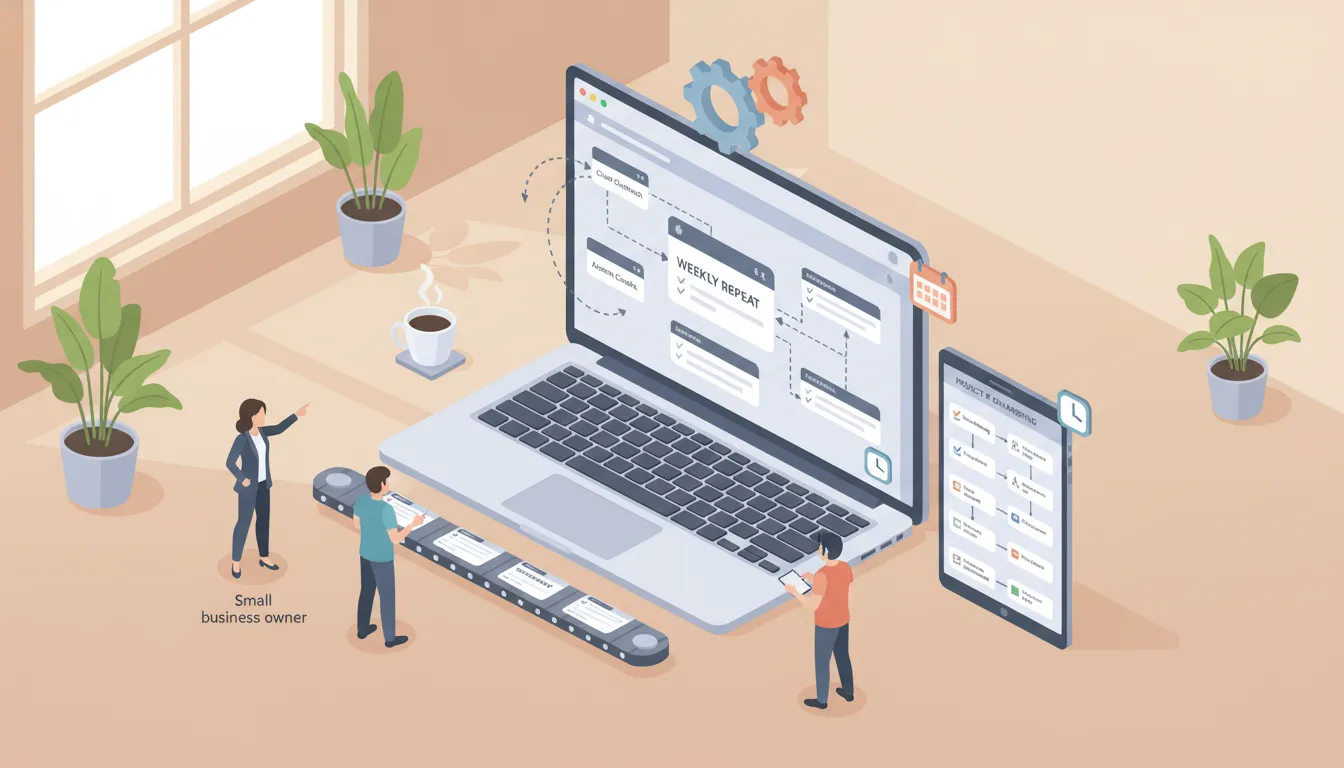 Isometric illustration of a small team collaborating over a digital template task board with checklists, gears, and flow connectors