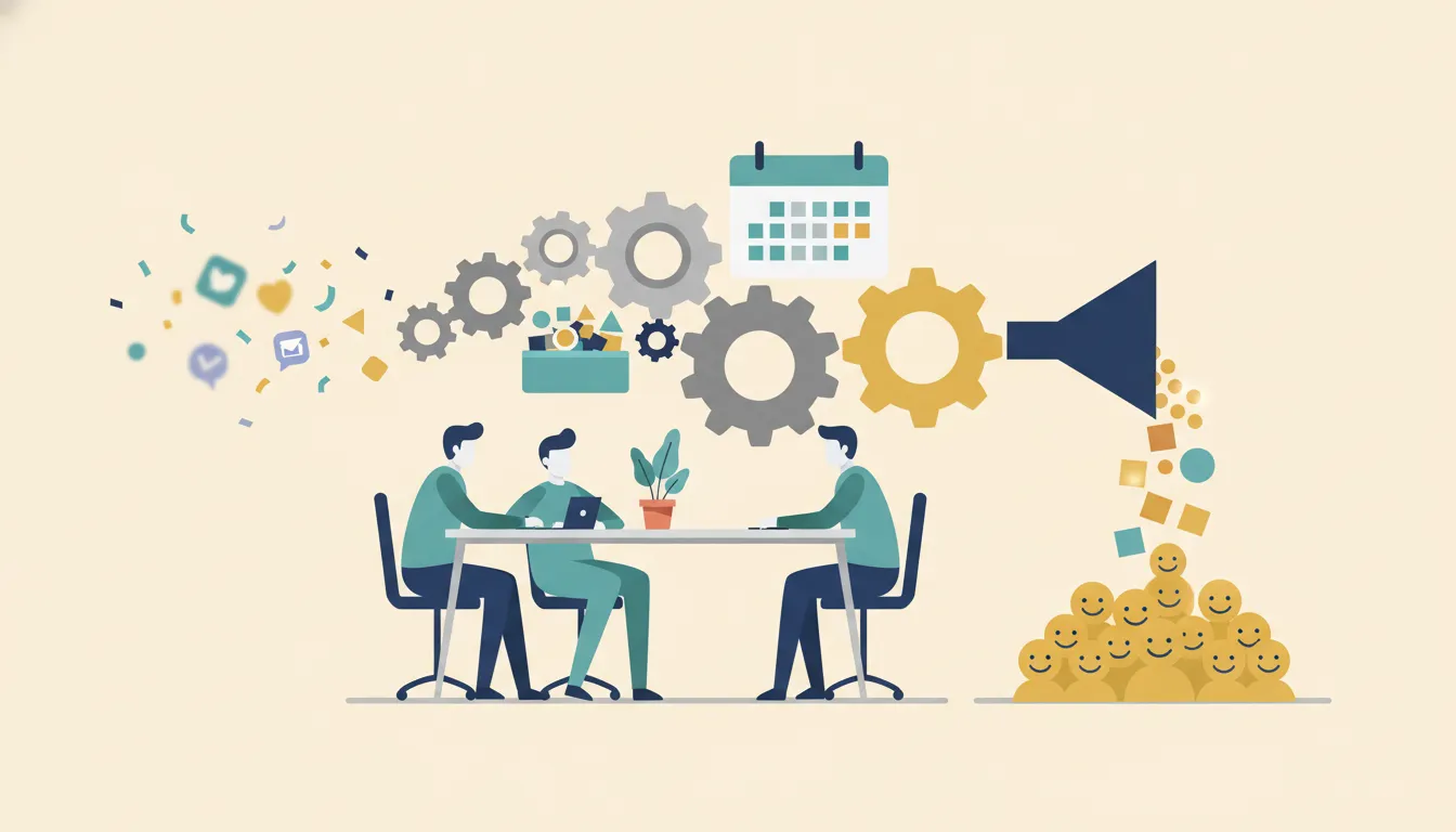 Modern illustration of a content strategy system turning content into customers for small businesses in 2026 — gears, calendar, funnel and sustainable growth