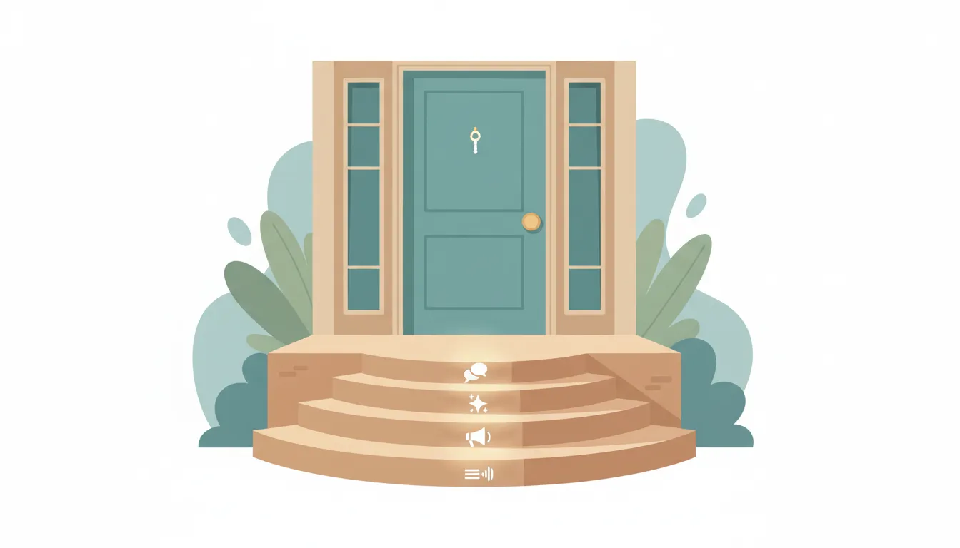 Illustration of a house porch with five illuminated front steps leading to the door, each step shown with a simple icon to symbolize marketing soundbites that invite customer curiosity