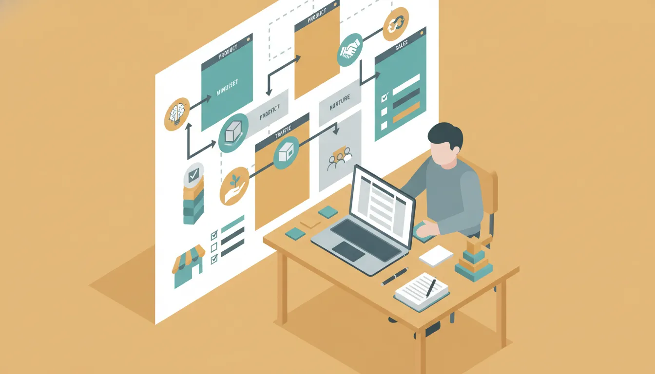 Person at a desk creating a visual roadmap for a practical business curriculum, with icons for mindset, product, traffic, nurture, and sales and symbols for small businesses and nonprofits.