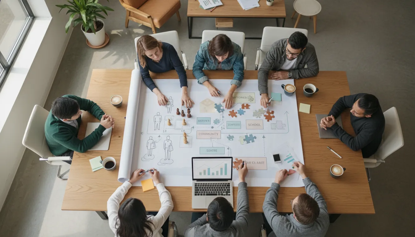 Overhead illustration of diverse small business and nonprofit leaders collaborating around a table with a map, chess pieces and puzzle pieces to plan strategy