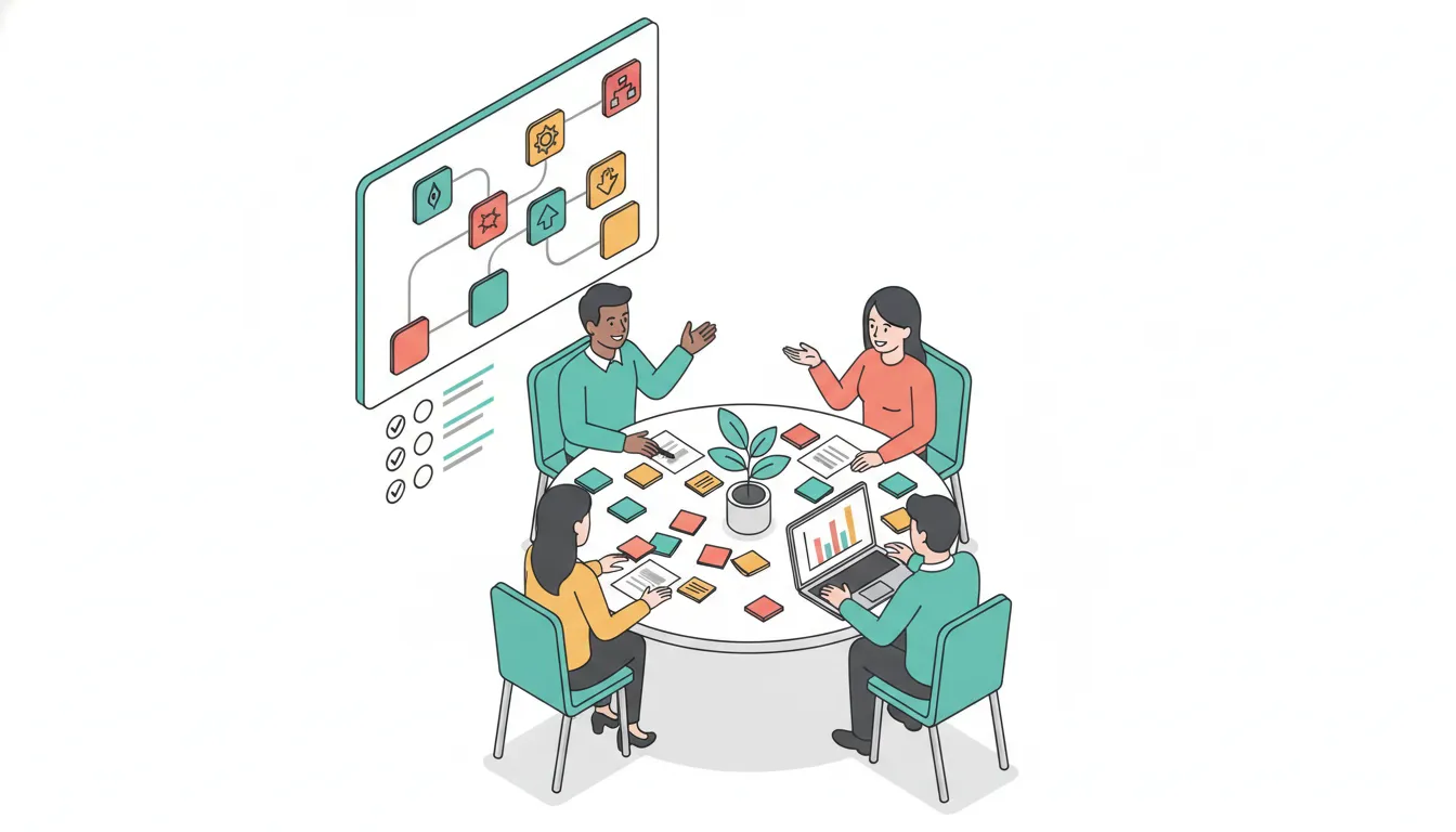 Isometric illustration of a small diverse team collaborating with sticky notes, a roadmap, gears and a growing plant, symbolizing practical product management frameworks for small businesses and nonprofits