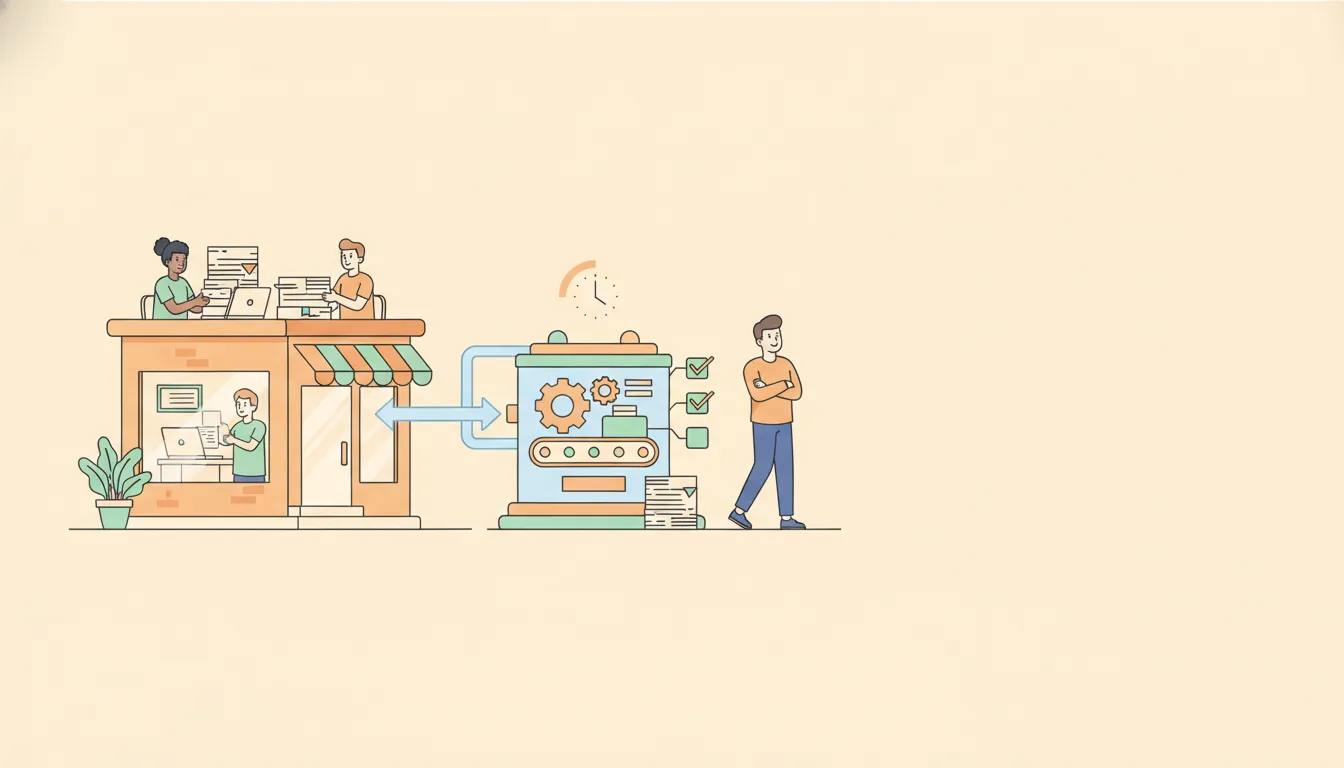 Isometric illustration of a small business automating tasks: team feeding work into interlocking gears and conveyors that sort items into checked boxes, with a minimalist clock and the owner stepping away