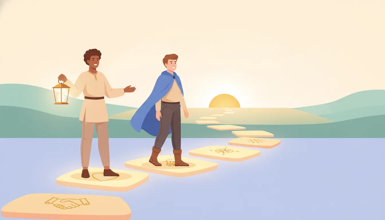Illustration of a small business guide leading a customer along an illuminated path of glowing stepping stones toward a bright horizon, with subtle symbols of trust and ideas.