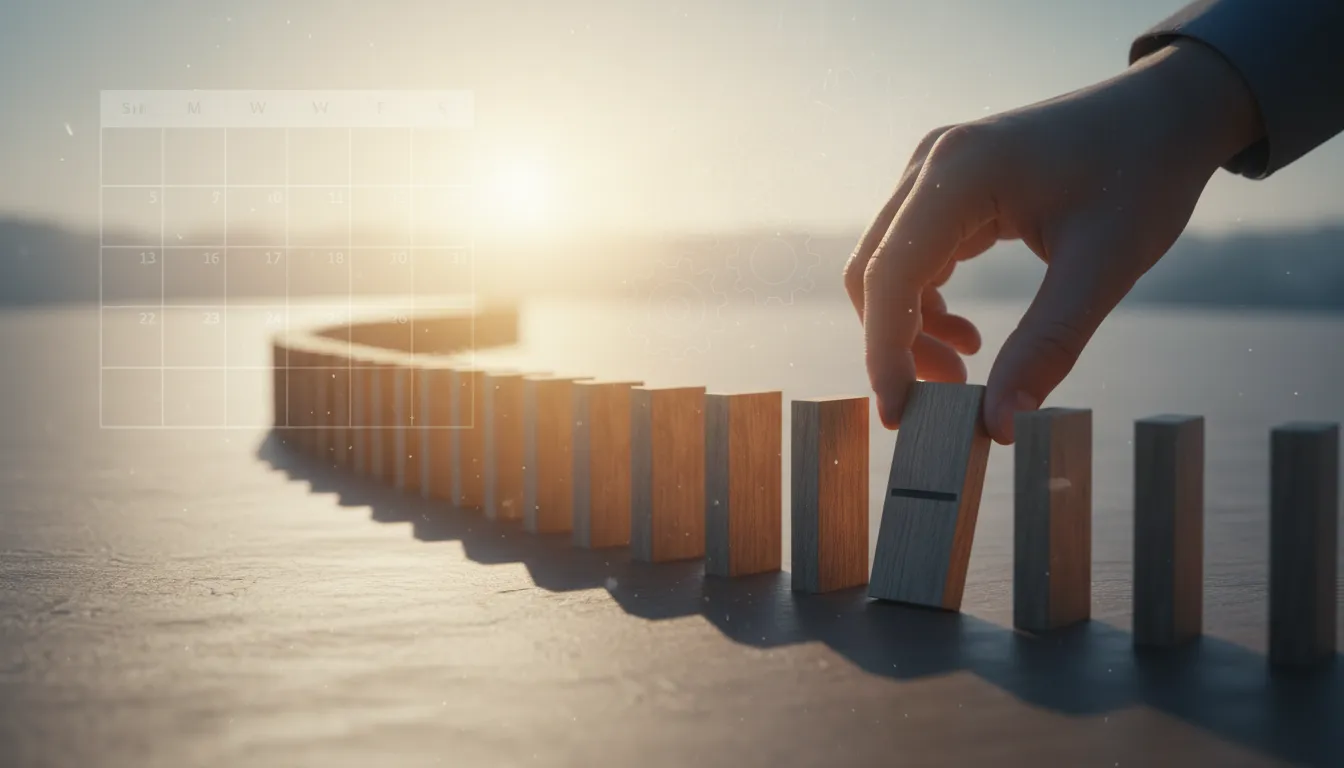 Hand placing the first wooden domino on a curved line of dominoes leading toward a bright horizon, symbolizing the habit of starting and the compounding progress that drives organizational success in 2026