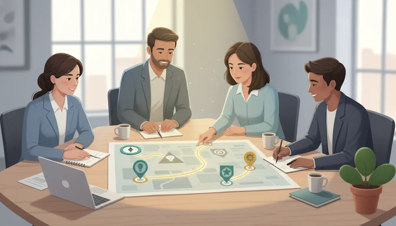 Diverse small business and nonprofit leaders around a table examining a clear five-checkpoint strategic map with a highlighted path, symbolizing focused strategy.
