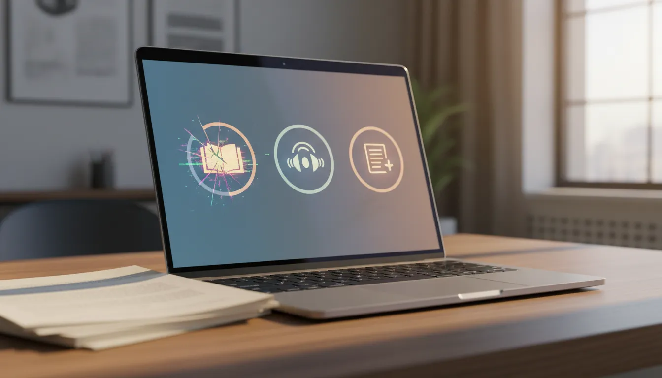 Laptop with content repurposing icons and a broken ebook workflow shown through subtle glitch and cracked UI visuals