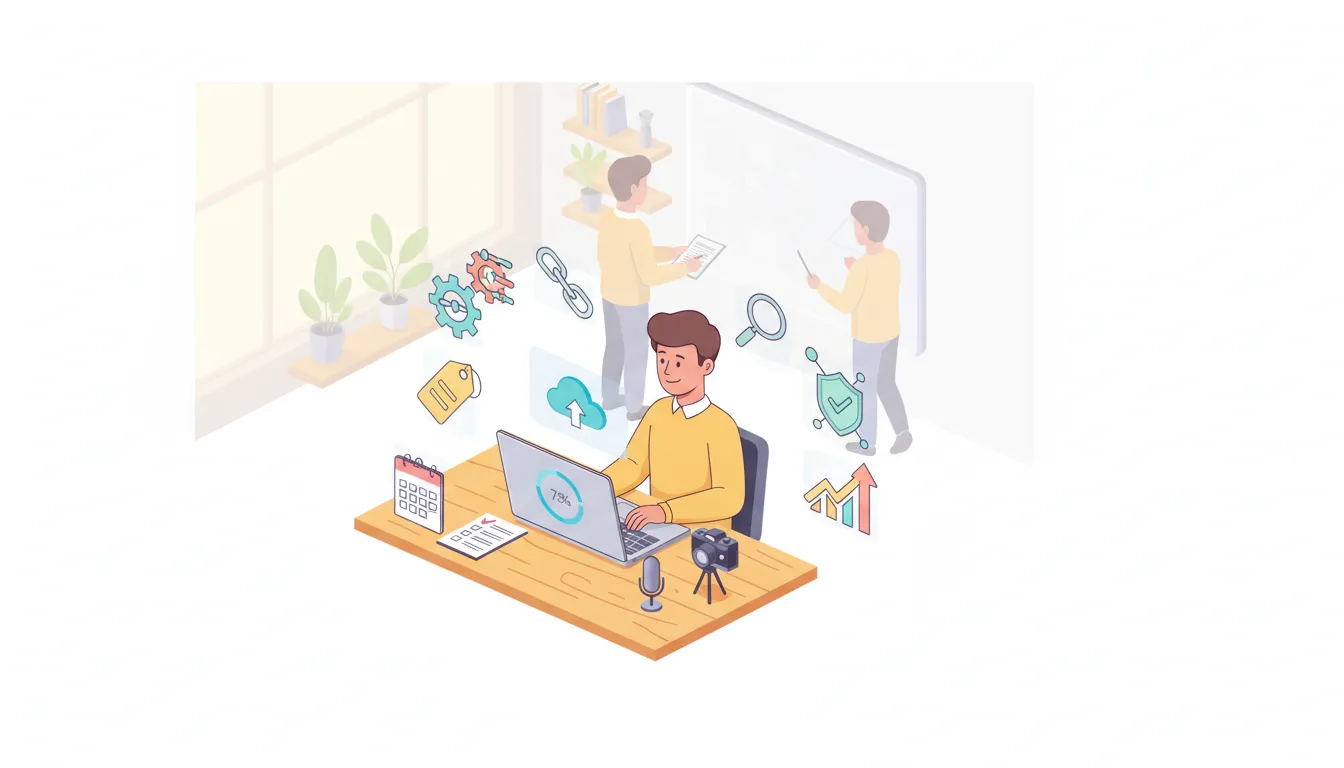 Illustration of a small business owner uploading a video on a laptop with icons for settings, SEO, trust, and growth — YouTube upload workflow for small businesses and nonprofits
