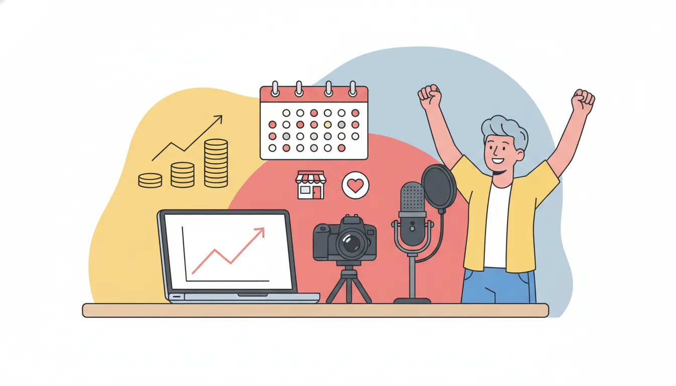 Illustration of a YouTube creator workspace with rising analytics, calendar milestones, growing revenue stacks, and small business and nonprofit symbols representing an 18-month blueprint to go full-time