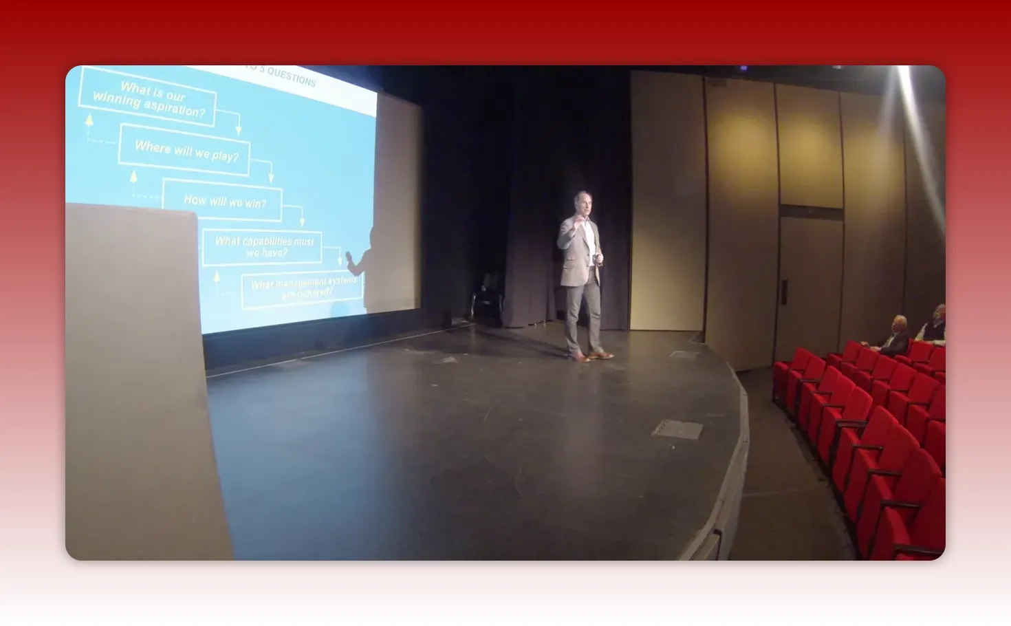Well-lit stage shot with the presenter upright near center-right and the projected slide on the left where the 'What management systems are required?' box is readable.