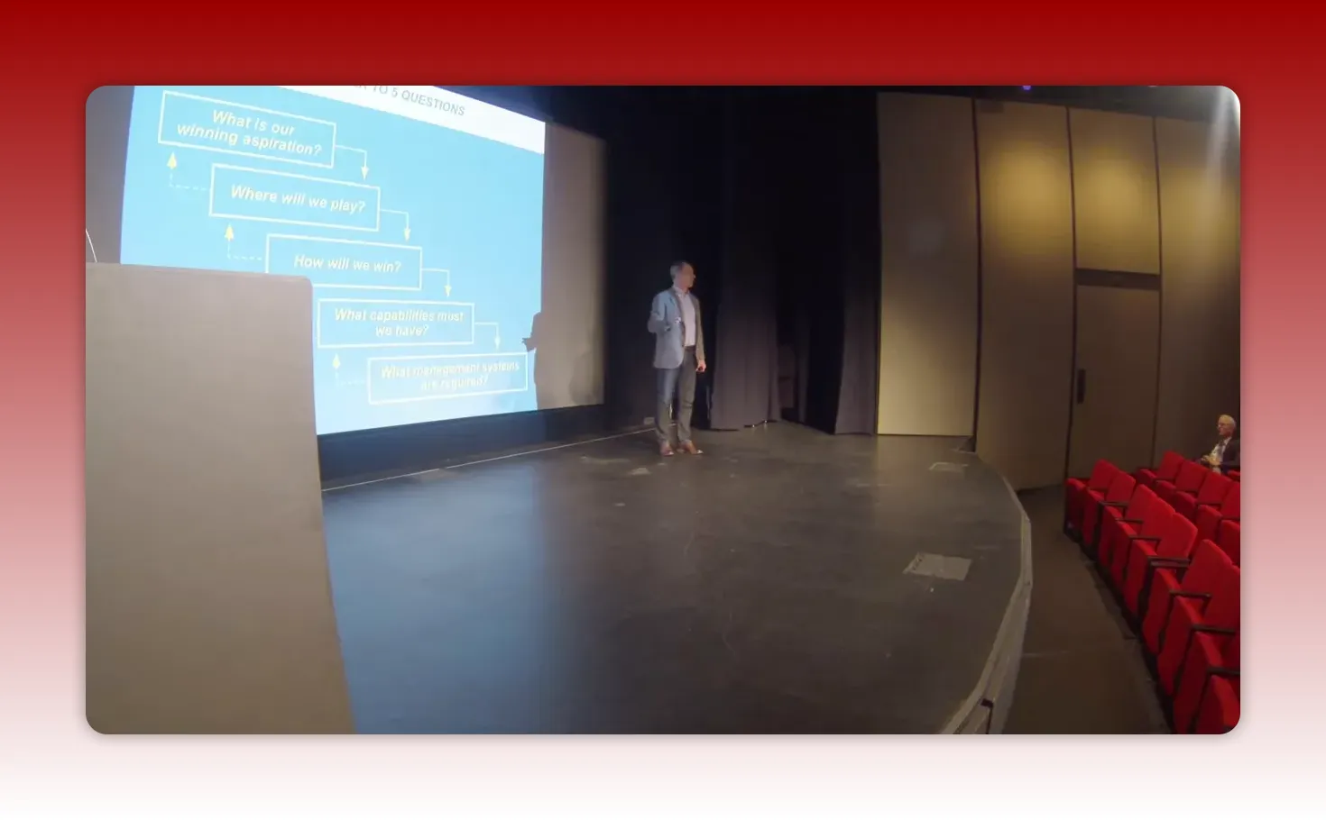 Stage view showing a presenter and a projection of the five-choice strategy framework with the question 'Where will we play?' visible