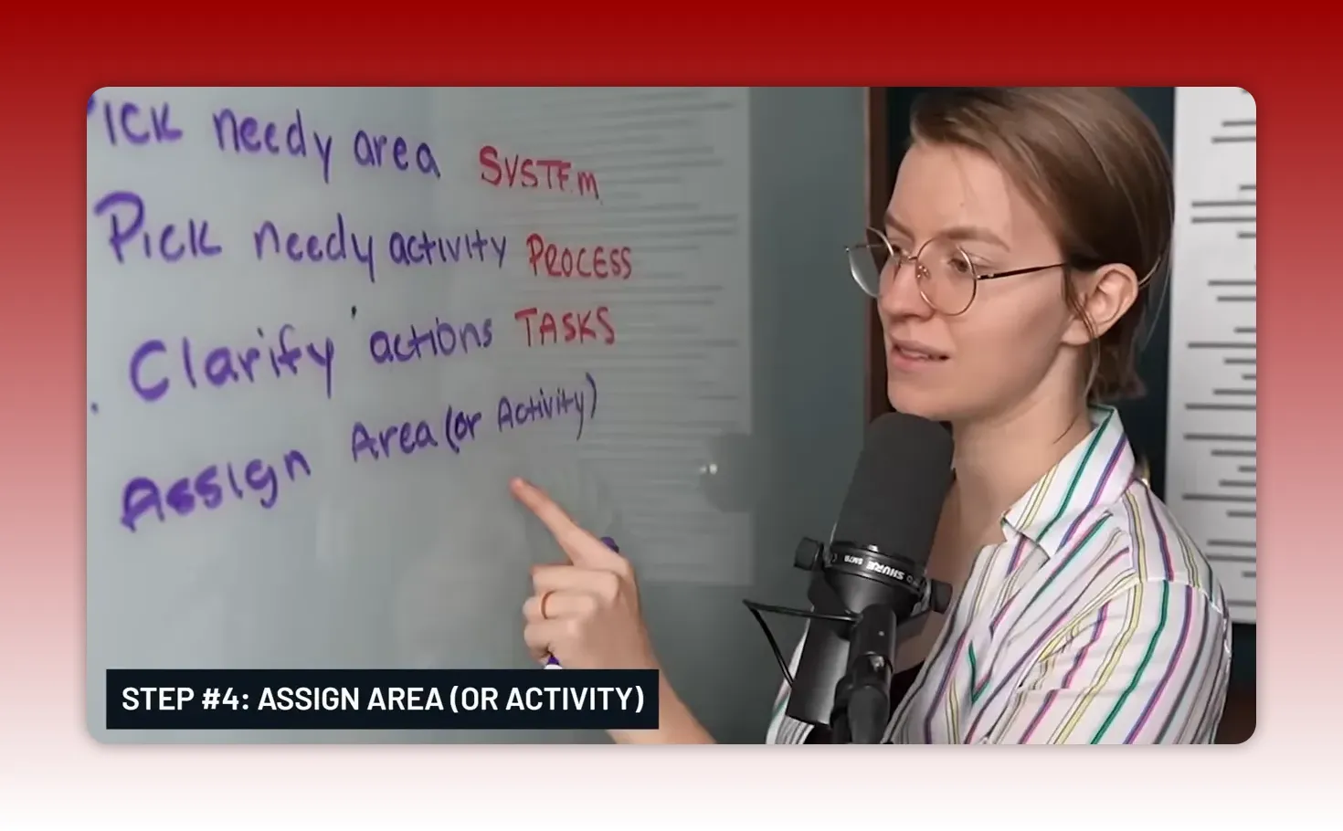 Presenter pointing to a whiteboard that lists systemization steps while explaining how to assign ownership