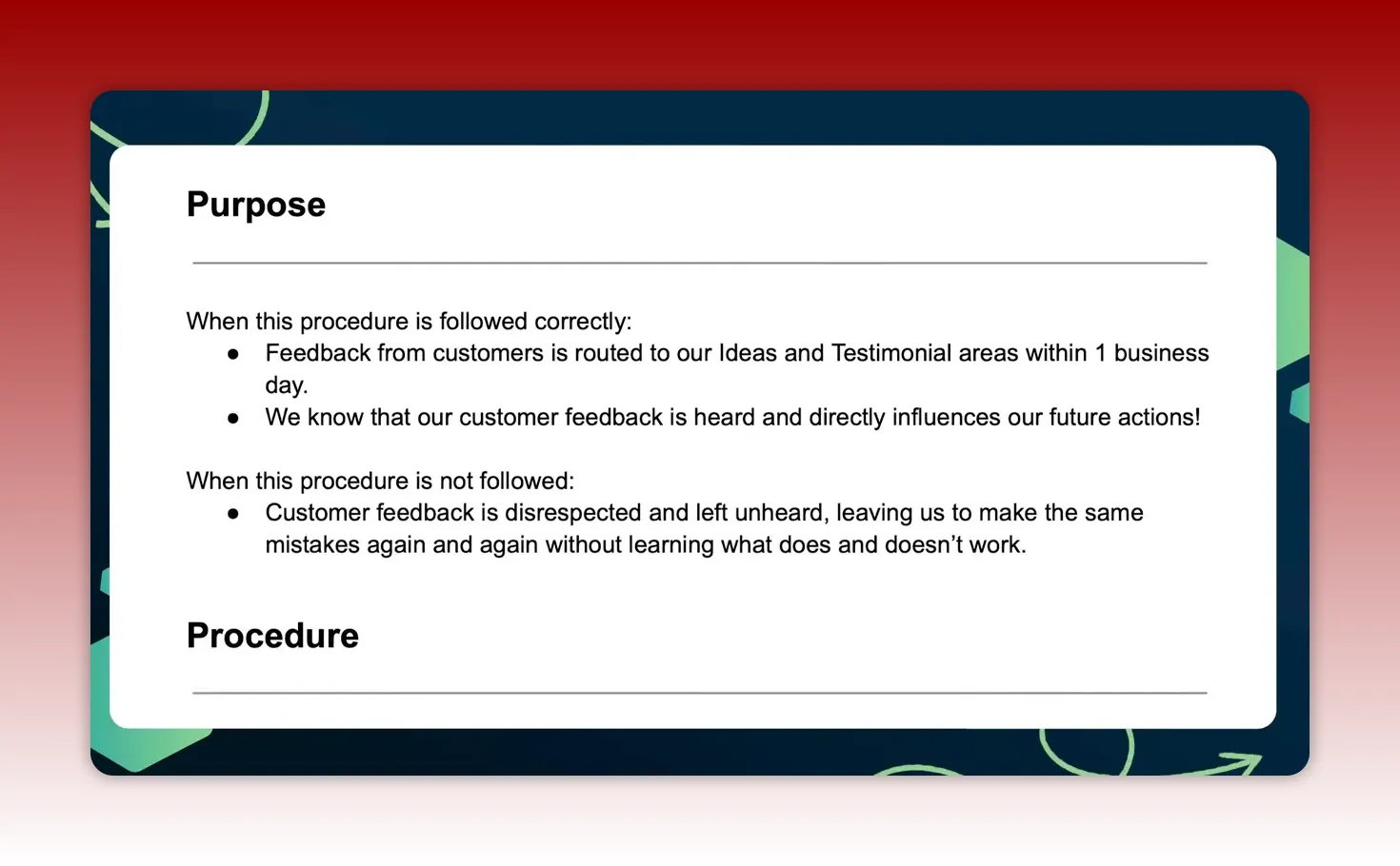 Screenshot of a one‑page SOP template titled 'Purpose' with bullet points describing expected outcomes and a 'Procedure' heading below.