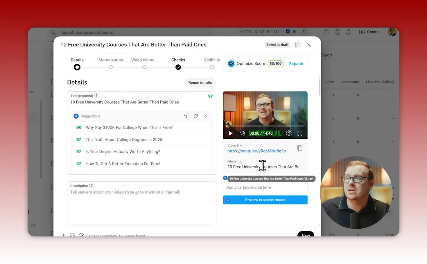 YouTube upload details screen with title suggestions and the filename field highlighted, illustrating file naming during upload.